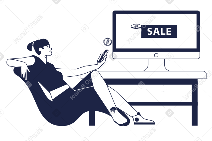 Woman sitting in chair and doing marketing with phone and screen PNG, SVG