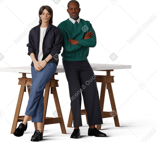 3D man and young woman leaning on desk and smiling PNG, SVG