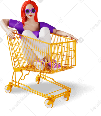 3D girl in shopping cart Illustration in PNG, SVG