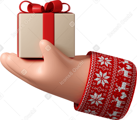 3D White skin hand in red sweater with Christmas pattern holding gift box PNG, SVG
