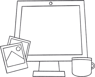Computadora con tarjetas fotográficas y una taza. PNG, SVG