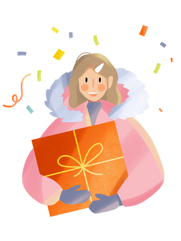 Chica con una chaqueta rosa con un regalo naranja y confeti para las vacaciones. PNG, SVG