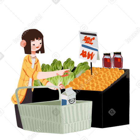 girl in a grocery store with a cart at the vegetable section PNG, SVG