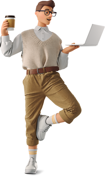 man standing with laptop and coffee PNG, SVG