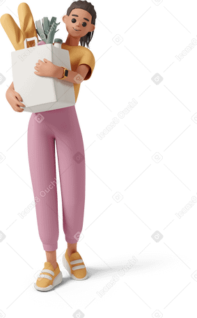 3D young woman carrying grocery bag Illustration in PNG, SVG