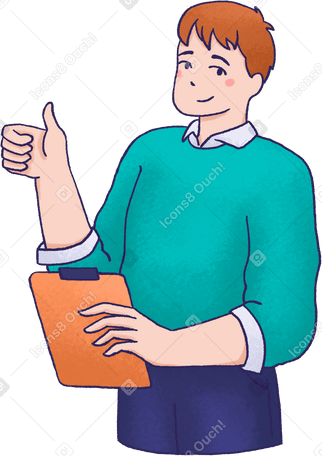 Homem com prancheta mostrando os polegares para cima PNG, SVG