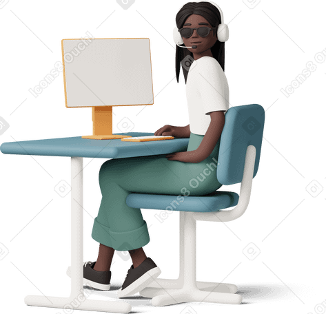 3D blind girl sitting in headphones in front of computer PNG, SVG