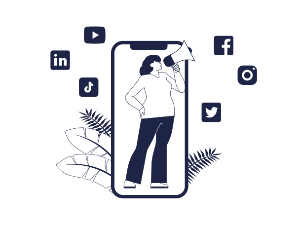 Woman with megaphone and smartphone makes advertisements on social network Illustration in PNG, SVG