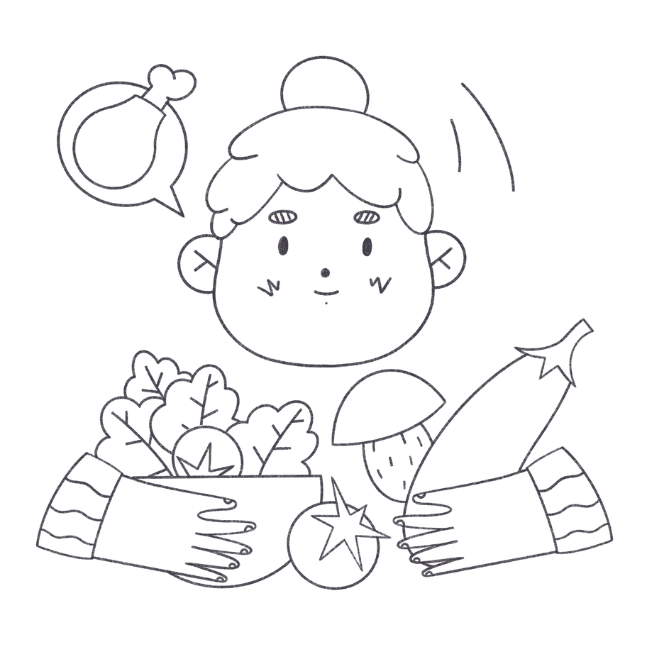 サラダを作っているが肉を夢見ている女の子 のpngとsvg
