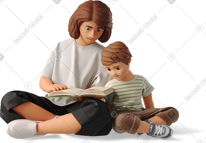 3D woman reading a book to a boy PNG, SVG