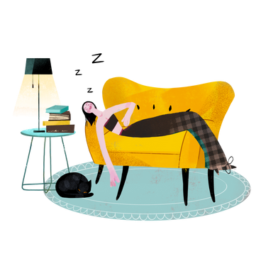 Girl sleeping on yellow sofa in living room PNG, SVG