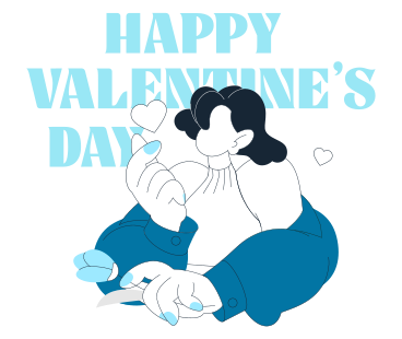 Schriftzug „happy valentine's day“ mit einer jungen frau, die die finger-herz-geste macht PNG, SVG