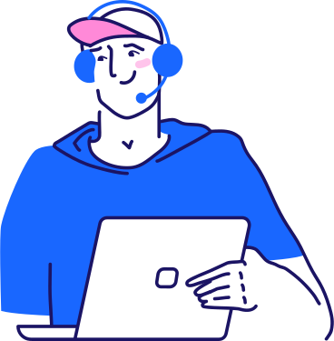 man in a cap and headphones holding a laptop PNG, SVG