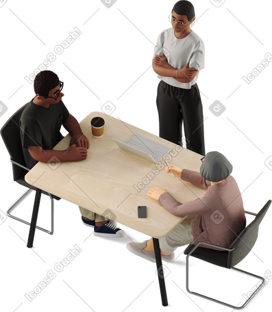 3D three people discussing a work project together PNG, SVG