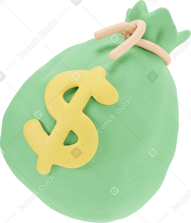 3D 绿色美元袋子的侧视图 PNG, SVG