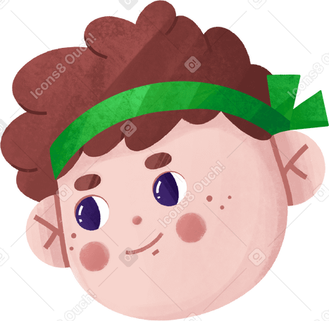 Мальчик с каштановыми волосами и зеленой повязкой улыбается в PNG, SVG