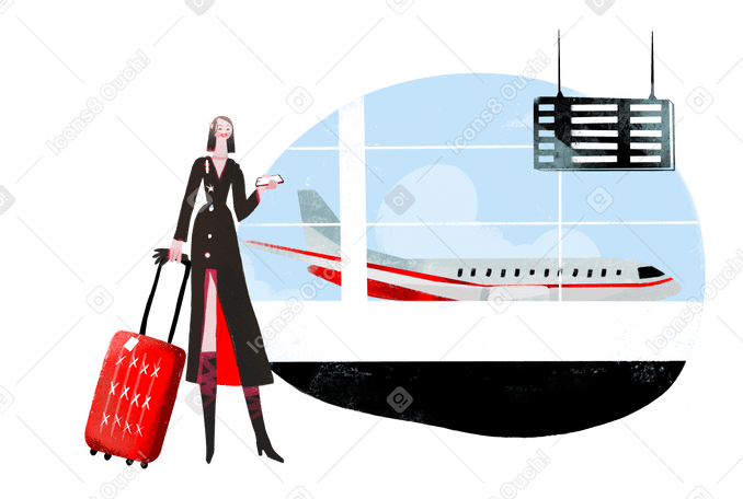 空港で飛行機を待っているスーツケースを持つ女性 PNG、SVG