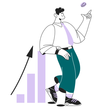 Illustration animée Homme s'appuyant sur une courbe de croissance tout en lançant une pièce de monnaie aux formats GIF, Lottie (JSON) et AE