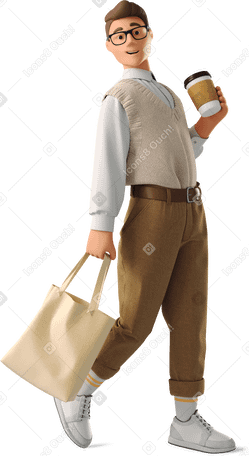 3D young man walking with coffee PNG, SVG