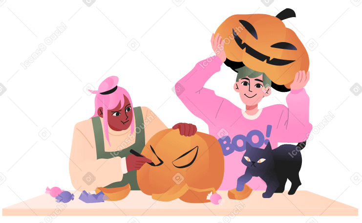 Kids carving pumpkins for Halloween PNG, SVG