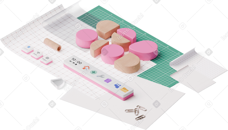 3D isometric view of papers, program buttons, and geometric shapes PNG, SVG