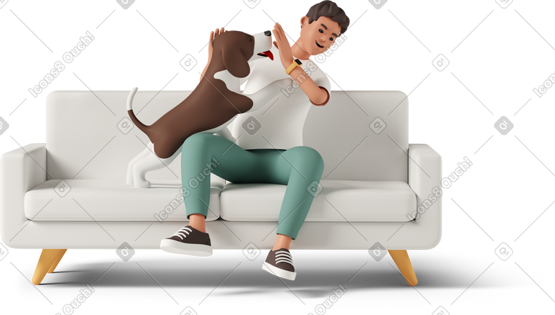 3D 男人在沙发上和狗玩耍 PNG, SVG