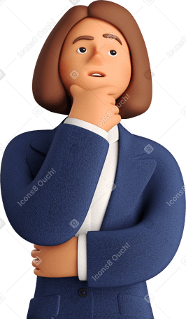 3D pondering businesswoman in blue suit looking up PNG, SVG