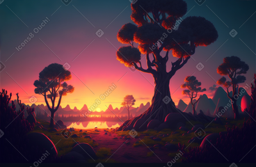 3d奇幻夕阳背景 PNG, SVG