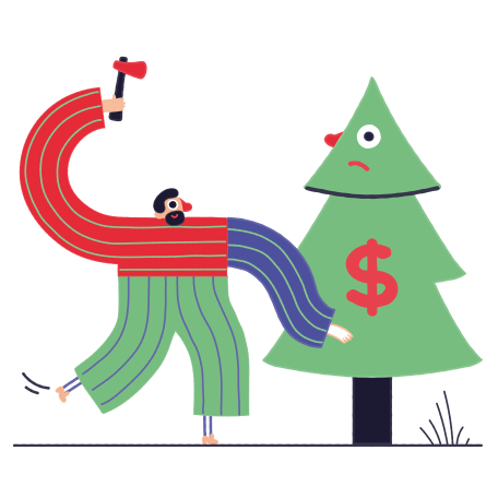 Man is about to cut down a sad tree with a dollar sign for sale Illustration in PNG, SVG