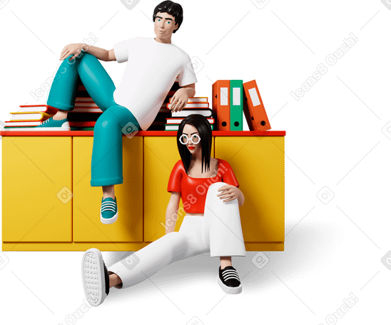 3D woman and man sitting with folders PNG, SVG