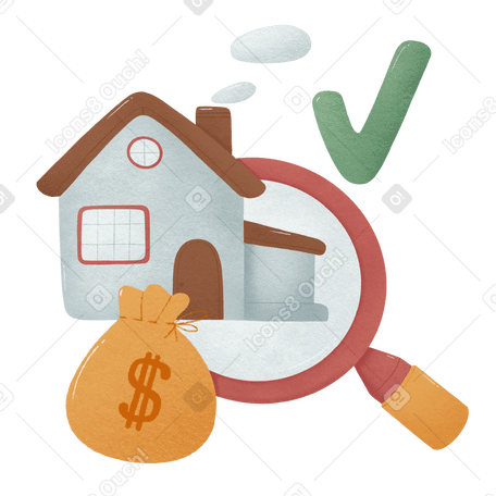 searching for real estate with a magnifying glass and a bag of money PNG, SVG