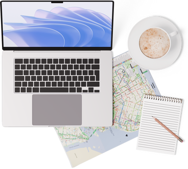 Top view of map, laptop, notebook, cup of coffee PNG, SVG