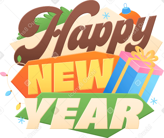 lettering happy new year with gift box text PNG, SVG