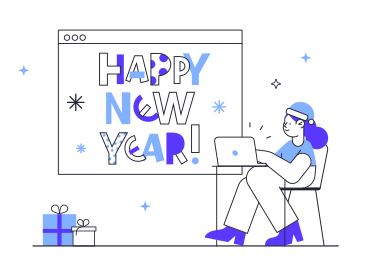 С новым годом текст в браузере и девушка в новогодней шапке с ноутбуком и подарками в PNG, SVG