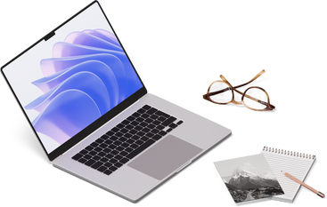 Isometrische ansicht von laptop, brille, postkarte, notizbuch und bleistift PNG, SVG
