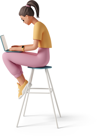 3D Girl sitting on stool with laptop PNG, SVG