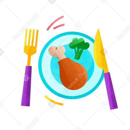 Cutlery with chicken leg and broccoli PNG, SVG
