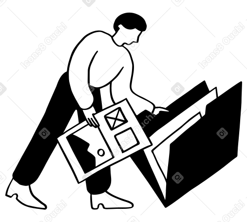 Homem colocando um projeto em sua pasta de portfólio PNG, SVG