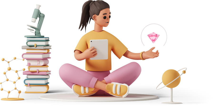 3D young woman studying magical pink gemstone PNG, SVG