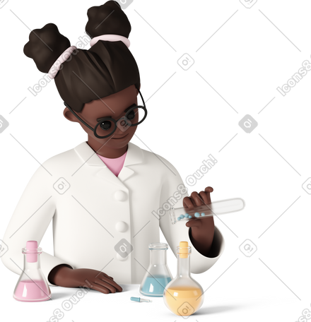 3D young schoolgirl in lab coat doing science experiments PNG, SVG