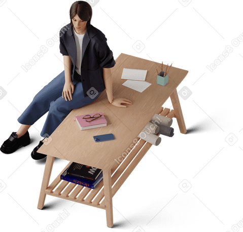 3D isometric view of young woman sitting on coffee table в PNG, SVG