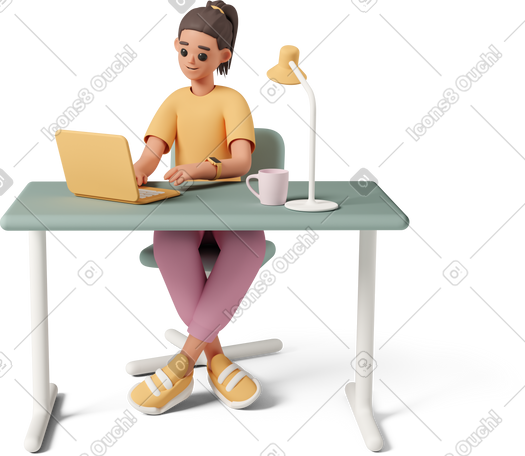 3D young woman working at desk PNG, SVG