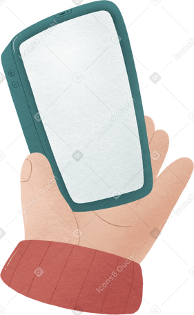 hand with the red sleeve is holding the phone Illustration in PNG, SVG