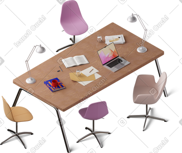 Isometric view of office desk with laptop and project files PNG, SVG