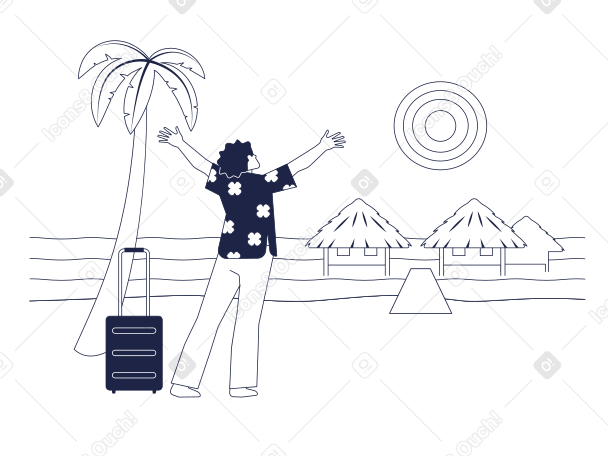 Man in Hawaiian shirt on background of ocean, palm trees and beach houses PNG, SVG