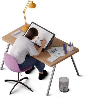 Isometric view of young woman sketching on graphic tablet PNG, SVG