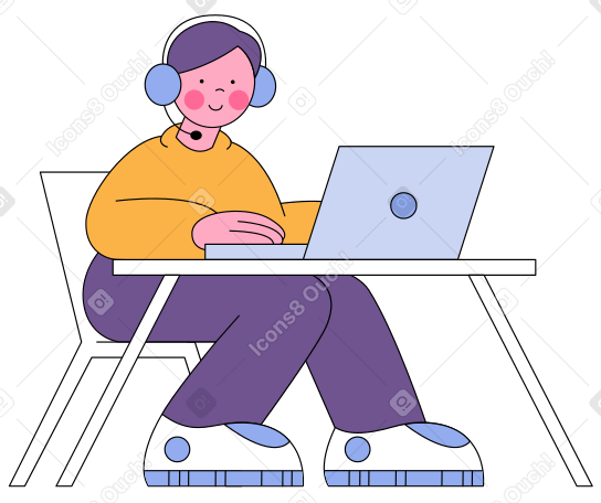Man with headphones is typing on a laptop Illustration in PNG, SVG