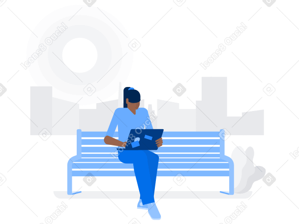 Woman with laptop on the bench Illustration in PNG, SVG