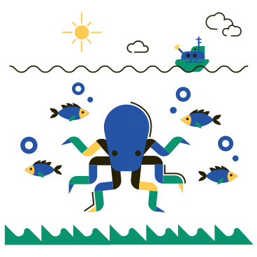 Mundo submarino con animales marinos y pulpos. PNG, SVG
