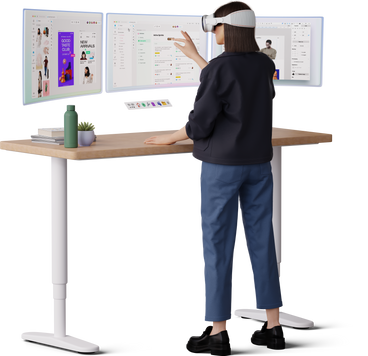young woman working at the table wearing vr glasses PNG, SVG
